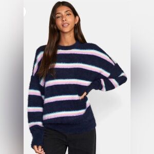 NWT RVCA XL Navy Sweater Plunge Pastel Stripes Skater Punk Drop Shoulder Fuzzy